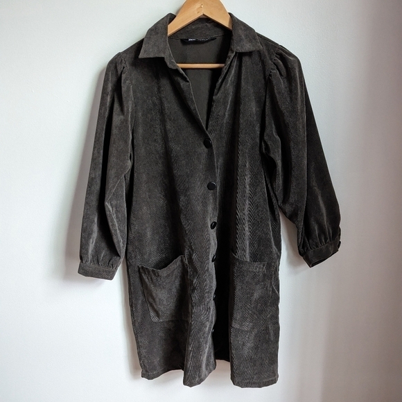 ZARA Forest Green Casual Academia Button Front Long Sleeves Mini Dress Large - Picture 3 of 14